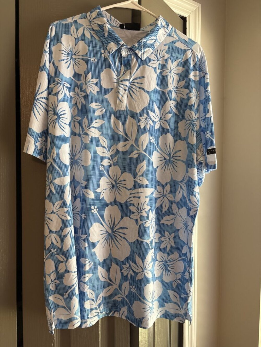 Yatta Golf Kahakai Polu Polo Mens XXL Blue White Hibiscus Performance Stretch